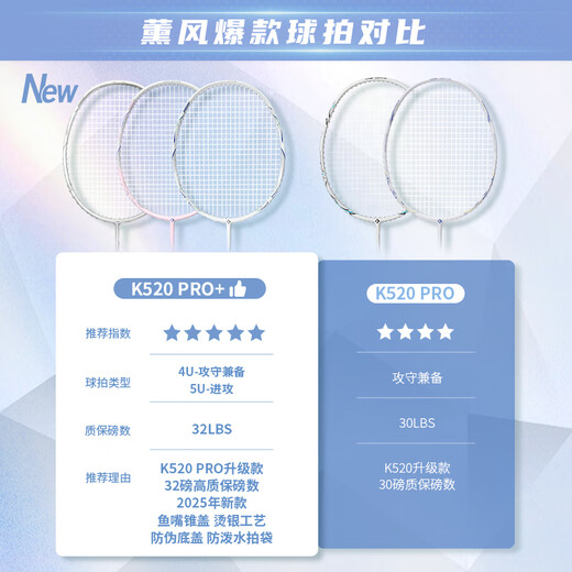 薰风（KUMPOO）羽毛球拍k520pro升级款熏风全碳素超轻进攻拍K520pro+桃姬5U粉线