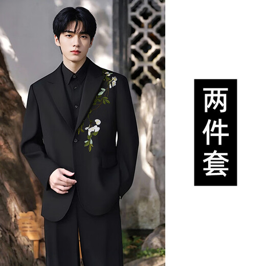 DK high-end men's new Chinese style national style embroidered suit suit male groom wedding dress suit jacket business suit black jacket + pants XS (100-120Jin Jin equals 0.5 kg)