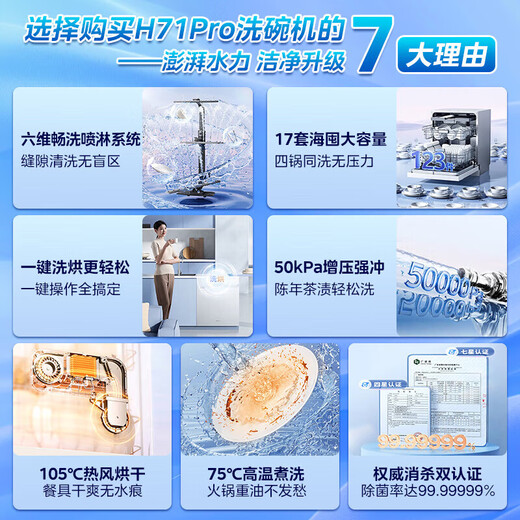 Hualing Produced by Midea Embedded large-capacity seven-star maternal and infant disinfection One-click washing, drying and storage 105 Hot air drying H71pro smart APP interconnection Produced by Midea Three-layer bowl basket One-click washing and drying H71 PRO