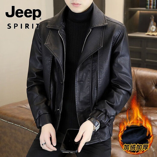 JEEP SPIRIT fake two-piece men's leather jacket 2025 new winter velvet warm casual motorcycle leather jacket top high-end black velvet M 100-120Jin Jin equals 0.5 kg
