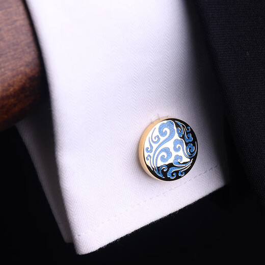 Lieshang cloisonne pattern cufflinks, French shirt cufflinks, men's cufflinks, formal business shirt cufflinks, gold palace enamel blue pattern_cufflinks