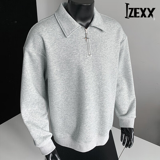IZEXX half-zip sweatshirt men's spring American loose lapel polo shirt casual top long sleeve JW54 light gray L