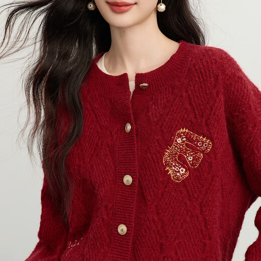 Sllsky Arctic Velvet Red Sweater Cardigan Lazy and Relaxed Embroidered Knitted Jacket 2025 Autumn and Winter New Style Maroon S