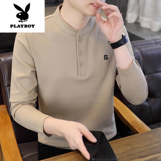 Playboy (PLAYBOY) Stand Collar Long Sleeve T-shirt Men's Spring and Autumn Bottoming Shirt Autumn and Winter Henley Collar Sweater Top New Product 9328 Apricot Regular. Specification M About 95-105 Jin Jin equals 0.5 kg