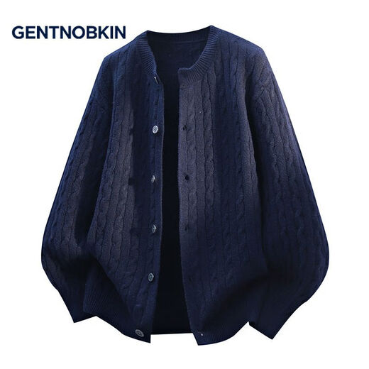 GENTNOBKIN Henry collar cardigan sweater men's autumn American soft and lazy style casual all-match top sweater navy blue L
