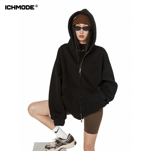 ICH MODE American sweatshirt jacket women's autumn and winter new loose hooded double zipper cardigan lazy long-sleeved jacket light gray L