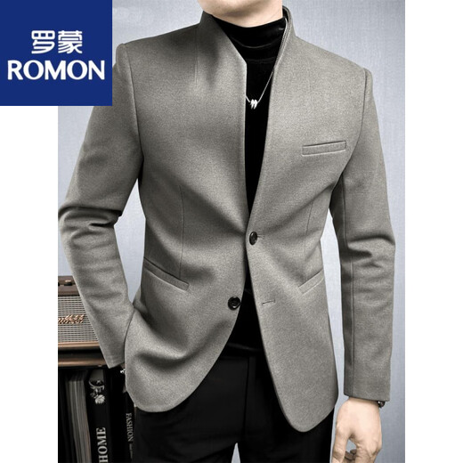 罗蒙（ROMON）高端毛呢新中式西装套装男款正装秋冬款立领中山领中老年人西服 中式立领咖色单西装 XL 120-135斤