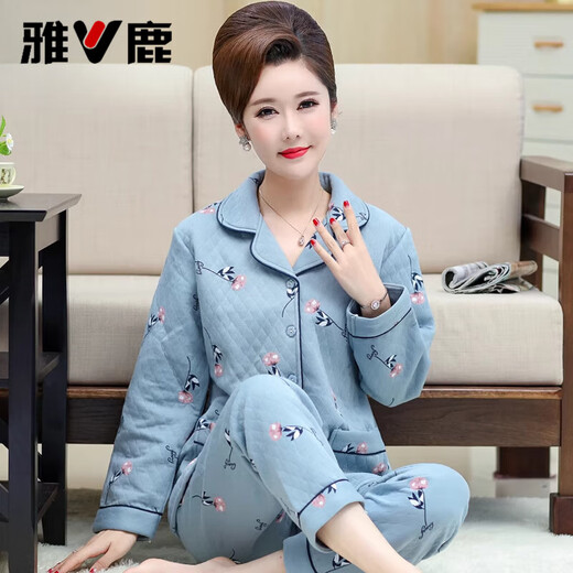 Yalu high-end mother long-sleeved pure cotton pajamas set for autumn middle-aged and elderly women in winter plus fat plus large size thin cotton interlayer 12122 M [80-100Jin [Jin equals 0.5 kg]]
