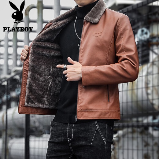 Playboy (PLAYBOY) Haining Haining Leather Men's Autumn and Winter Thickened Warm Jackets Young and Middle-aged Fur Collar Soft Leather Jackets Winter Men's Black Velvet Thickened L Recommended 115-130 Jin Jin equals 0.5 kg