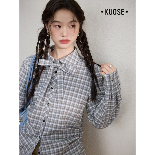 阔色蓝灰色蝴蝶结格子衬衫收腰衬衣2025秋冬季新款女黑色长袖上衣 灰蓝色 9月22日发 S