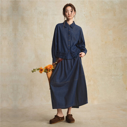 Giordano designer women's autumn and winter new ruffled loose lapel long-sleeved denim shirt 18345222
