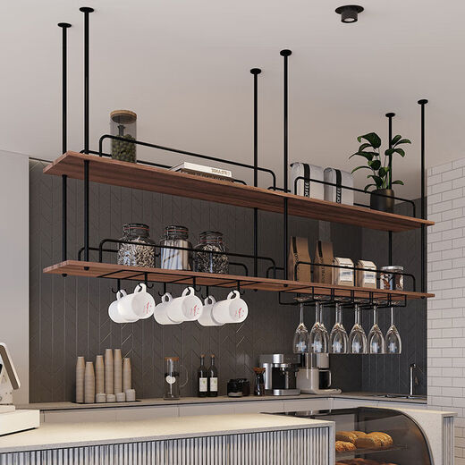 Dyed metal solid wood storage rack bar counter bar wall cabinet hanging rack wine rack wine glass wine cabinet dining room suspension second floor 1802780, no hooks