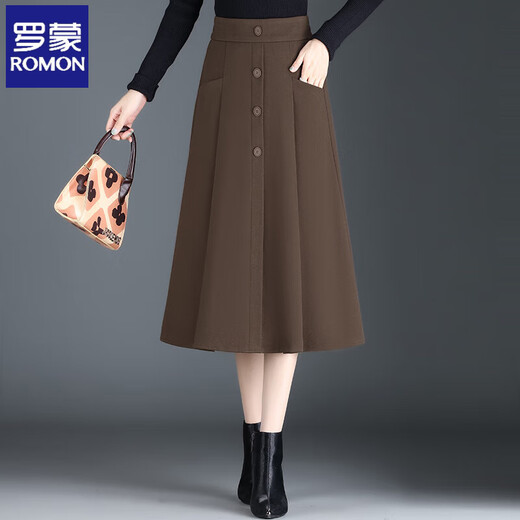 ROMON Woolen A-Line Skirt Women's Spring, Autumn and Winter New Umbrella Skirt Mid-Length Slim Style Elastic Waist Pleated Skirt Brown M Recommended 85-100 Jin Jin equals 0.5 kg