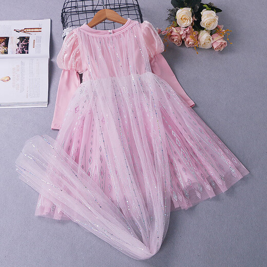 Girls long-sleeved dress spring and autumn Korean style ice and snow dress new Princess Elsa children's performance costume party forest style long-sleeved dress with bow veil 110