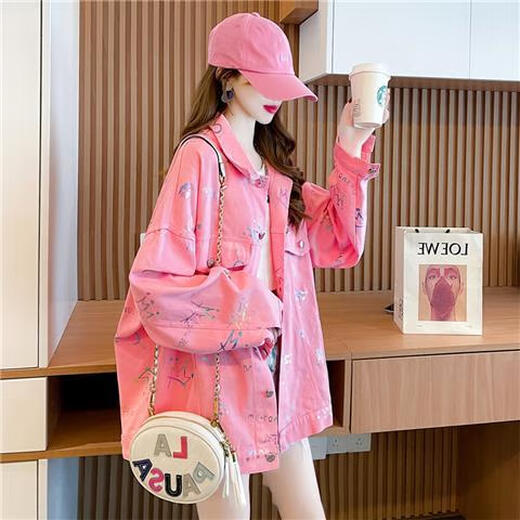 Tangxiang Jacket Women's Spring and Autumn Versatile Trendy Brand Loose Denim 2025 Spring and Autumn New Style Student Fashion Outerwear Print Pink S 80-105Jin Jin is equal to 0.5 kg