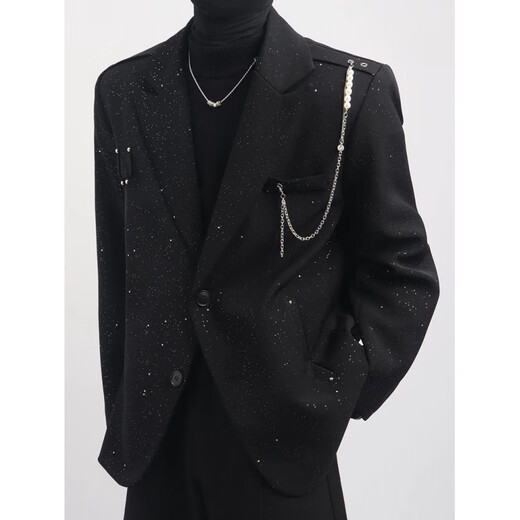 An Chuxia black high-end design light luxury starry sky suit jacket men's niche pearl hanging chain trendy three-piece set three-piece set black + black long sleeves + black trousers XL