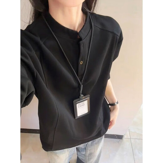 Xinyoujie American Henry collar polo shirt sweatshirt for men and women in autumn deconstructed splicing long-sleeved T-shirt cleanfit right shoulder top Gray M