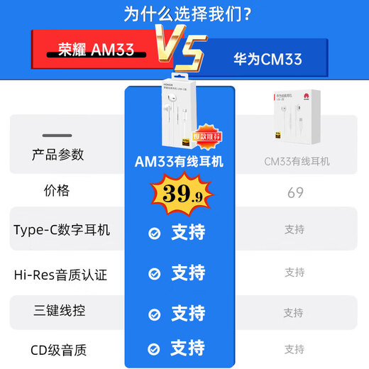 Honor (HONOR) wired headset type-c original Honor 400/300/200/MagicVs2/V3/V5/V40/Magic8/7/6pro suitable for Huawei Android mobile phone headset Honor AM33 headset Type-C interface boxed