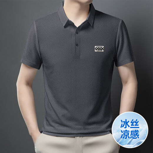 培蒙（peimeng）培蒙2025夏季真冰丝华夫格翻领POLO衫上衣男中老年爸爸装商务休闲 QC6176深灰 M