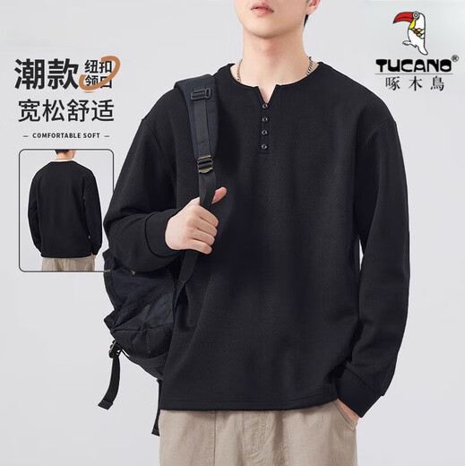 Woodpecker (TUCANO) Henry collar men's long-sleeved T-shirt autumn and winter new trendy tops plus velvet sweatshirt men's inner bottoming shirt men 3309 black XL weight 130-150Jin Jin equals 0.5 kg