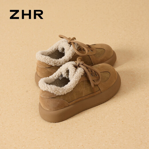 ZHR Birkenstock shoes for women winter short plush casual women's suede cowhide versatile cotton shoes for women EH278B camel 38