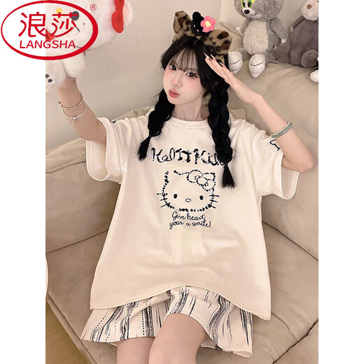 浪莎hellokitty睡衣女2025新款夏季棉短袖薄款大码初中生家居服外穿 Z9928 L