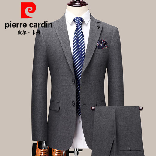 Pierre Cardin Wool Suit Men's 2025 Autumn and Winter New Middle-aged Men's High-end Business Casual Formal Wedding Suit 2601 Gray Stripe Two Buttons Bilateral Slits XL (180) - Recommended weight 145-165 Jin Jin equals 0.5 kg