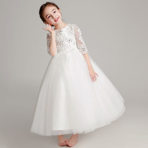 Xiaokayi Nong girls princess dress tutu yarn children evening dress flower girl wedding dress small host piano performance suit broken code 098 fixed beads white long style A5150cm