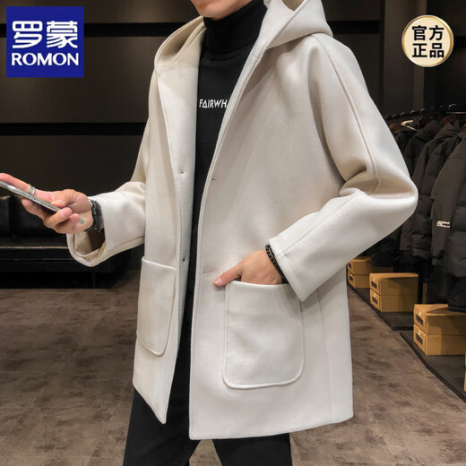 ROMON windbreaker jacket men's autumn and winter Korean style trendy casual and handsome cotton thickened mid-length hooded loose woolen coat off-white cotton M 90-115Jin Jin equals 0.5 kg