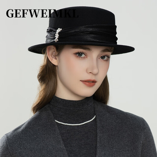 GEFWEIMKL Merino Wool Hat Women's Autumn and Winter New French Retro Elegant Flat Top Wool Hat Satin Pearl Women Enamel Burgundy Adjustable (56-58cm)