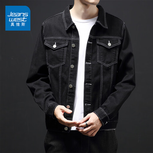 Jewish Black Denim Jacket Men's Autumn New American Versátil Jacket de trabajo Retro Street Casual Trend Top 9901J Black L [recomendado 110-125Jin [Jin equivale a 0.5 kg]]