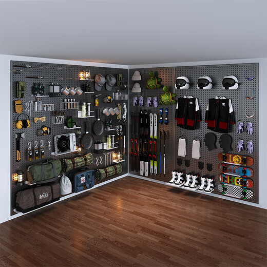 Muro del panel de agujeros de OQB, bastidor de equipos de campamento al aire libre de bicicleta, accesorios de gancho de metal, almacenamiento de equipos de nieve y pared colgante, con marco, engrosado de 12040 cm-negro
