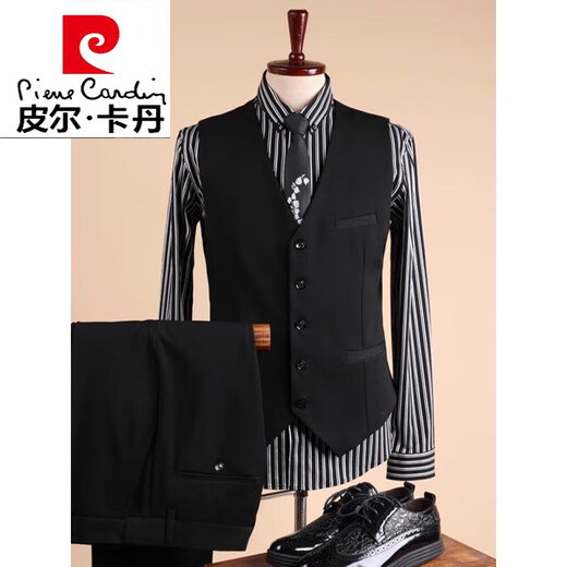 Pierre Cardin suit men's slim business formal casual Korean suit jacket groomsmen groom wedding dress men's single-button black four-piece suit suit + pants + shirt + vest one-word bag 50