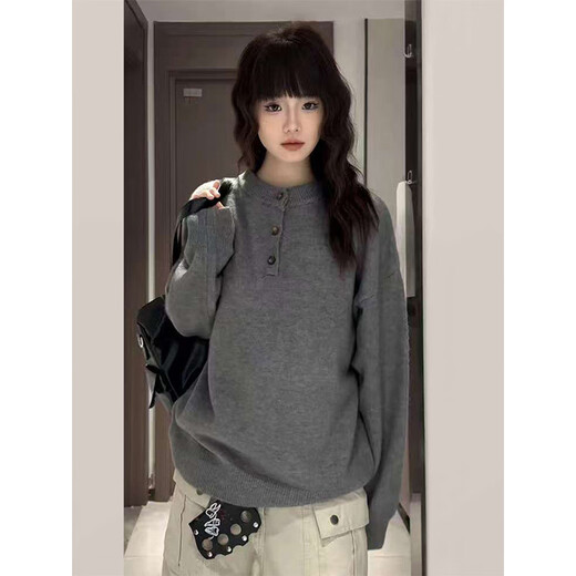 XUANSENTU American retro Henry collar sweater for men in autumn and winter, lazy and relaxed sweater style inner layering shirt, trendy off-white L