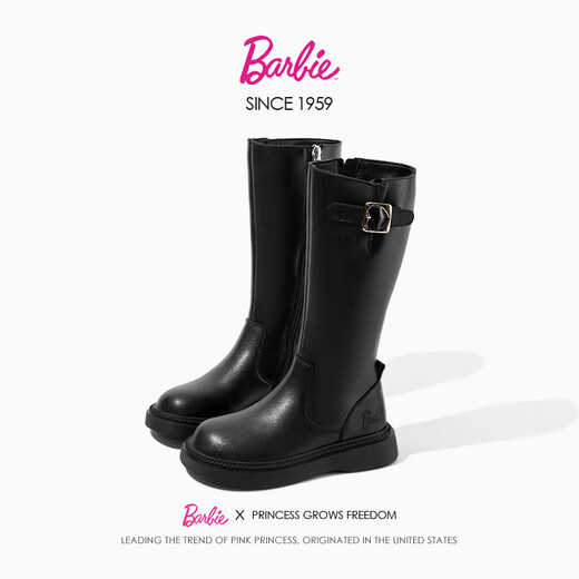 Barbie children's shoes girls boots spring and autumn high leather boots girls cotton boots children's boots DA6982 black 35