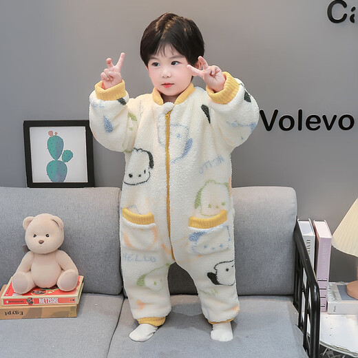 Children's One-piece Pajamas in the Wild and Wild, Autumn and Winter Flannel Thickened One-Year-Old Baby Baby Sleeping Bag, Boy's Coral Velvet Anti-Kick Quilt, Off-White 100cm