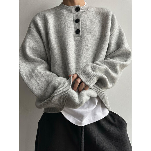 Yuyong Light Gray Henley Collar Plush Sweater Men's Winter Lazy Style Knitted Sweater American Retro Wool Sweater Light Gray Upgraded 90% Buyers Choose XL