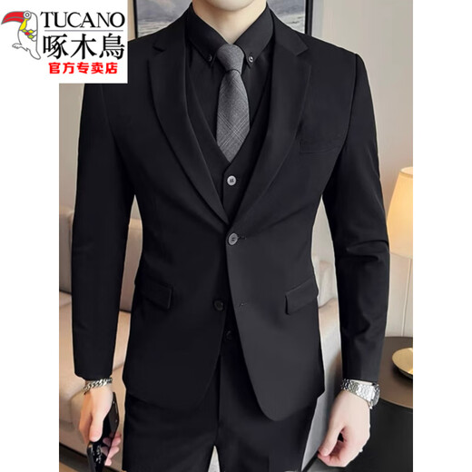 Woodpecker (TUCANO) Spring and Autumn Black Slim Suit Men's Business Casual Korean Style Small Suit Men's Wedding Dress Set Black + White Shirt [Tie] M