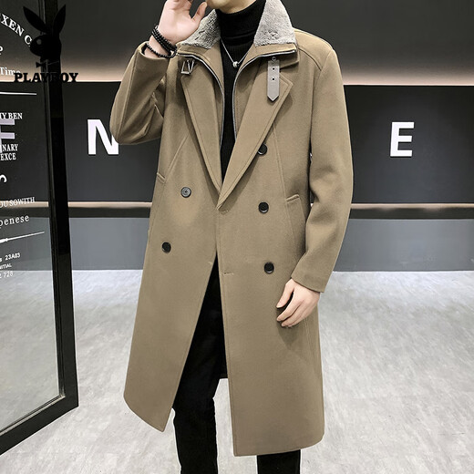 Playboy (PLAYBOY) Winter Thickened Woolen Coat Men's Mid-Length Design Fake Two-piece Warm and Cold-resistant Windbreaker Jacket with Fur Collar Khaki XL (120-140Jin Jin is equal to 0.5kg)
