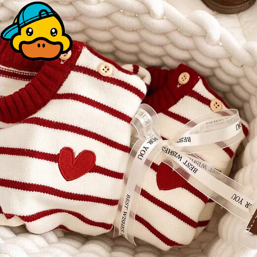 G.duck parent-child sweater 2025 autumn and winter new striped sweater for a family of three New Year's wear for a small month-old crawling suit for New Year's greetings Striped 170 Adult M