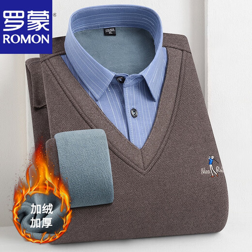 罗蒙（ROMON）男士加绒加厚羊.毛衫针织假两件衬衫冬季保暖衬衣纯色冬高 假两件-681 加绒 2XL (140-160斤)