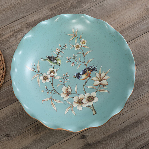 蒂拉欧式水果盘创意大果盘家用干果盘家居装饰品摆设工艺品摆件瓜果盘 1047蓝莺花开款