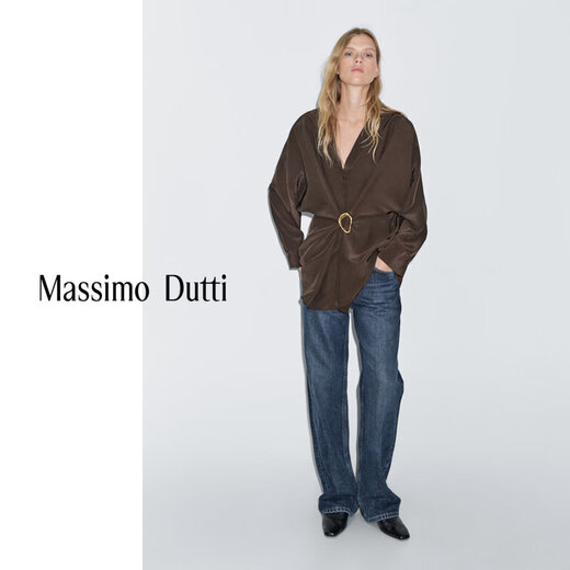 Massimo Dutti Discount Upgrade 2026 Women's French Elegant Temperament Brooch Waist Long Shirt Long Sleeve 05135695 Chocolate M -L (CN 175/96A)
