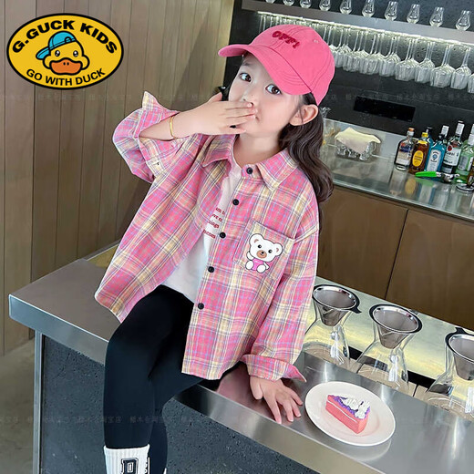 G.DUCKKIDS Little Yellow Duck Girls' Shirt Jacket Thin Spring and Autumn 2025 New Summer Sunscreen Children's Spring Clothing Spring Baby Check Bear Style Top 130 cm