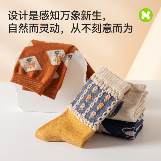 NAIER socks for women, thickened and warm, autumn and winter cotton wool stockings, retro Internet celebrity style, pastoral style broken flower sleep socks, sheep wool, flower language-package, 4 pairs, one size fits all, women 35-39 (upgraded thermal storage wool_14 days