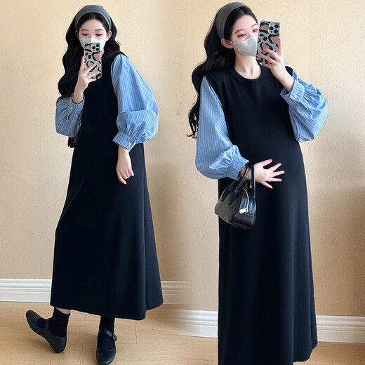 Ranqi Mommy Maternity Clothing 2025 Autumn New Designer Fake Two-piece Shirt Knitted Skirt Loose Slimming Spliced Maternity Dress Picture Color L