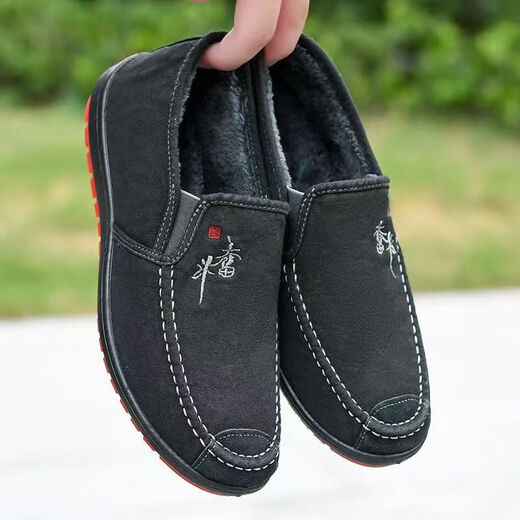 Winter new velvet thickened men's cotton shoes, men's shoes, old Beijing cloth shoes, non-slip shoes, men's slip-on slip-on shoes, M struggle cotton black 40