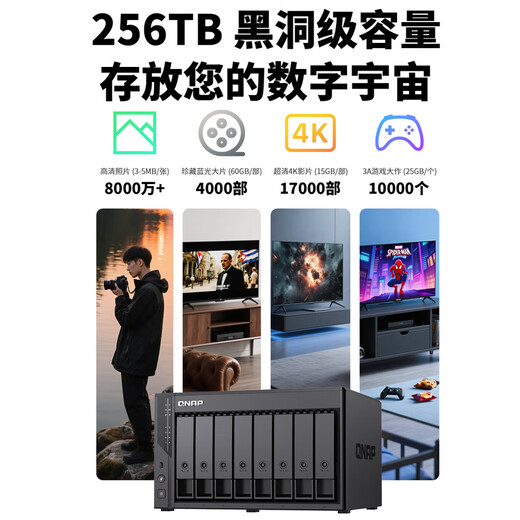 威联通（QNAP）Qu805企业级家庭存储 N355 16G内存 八盘位网络存储NAS私有云 AI相册手机备份 文件数据备份服务器 Qu805+硬盘16T*8
