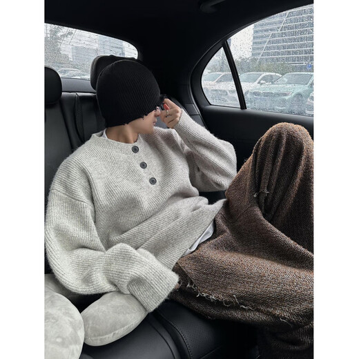 Denvanwei Henry collar light gray sweater men's autumn and winter lazy sweater American retro relaxed jacket light gray M (recommended 90-100Jin Jin equals 0.5 kg)