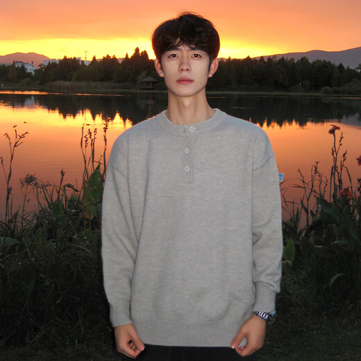 Retro Henley Collar Sweater Men's Autumn and Winter Clean High Background Lazy Style Sweater 3531 Gray L